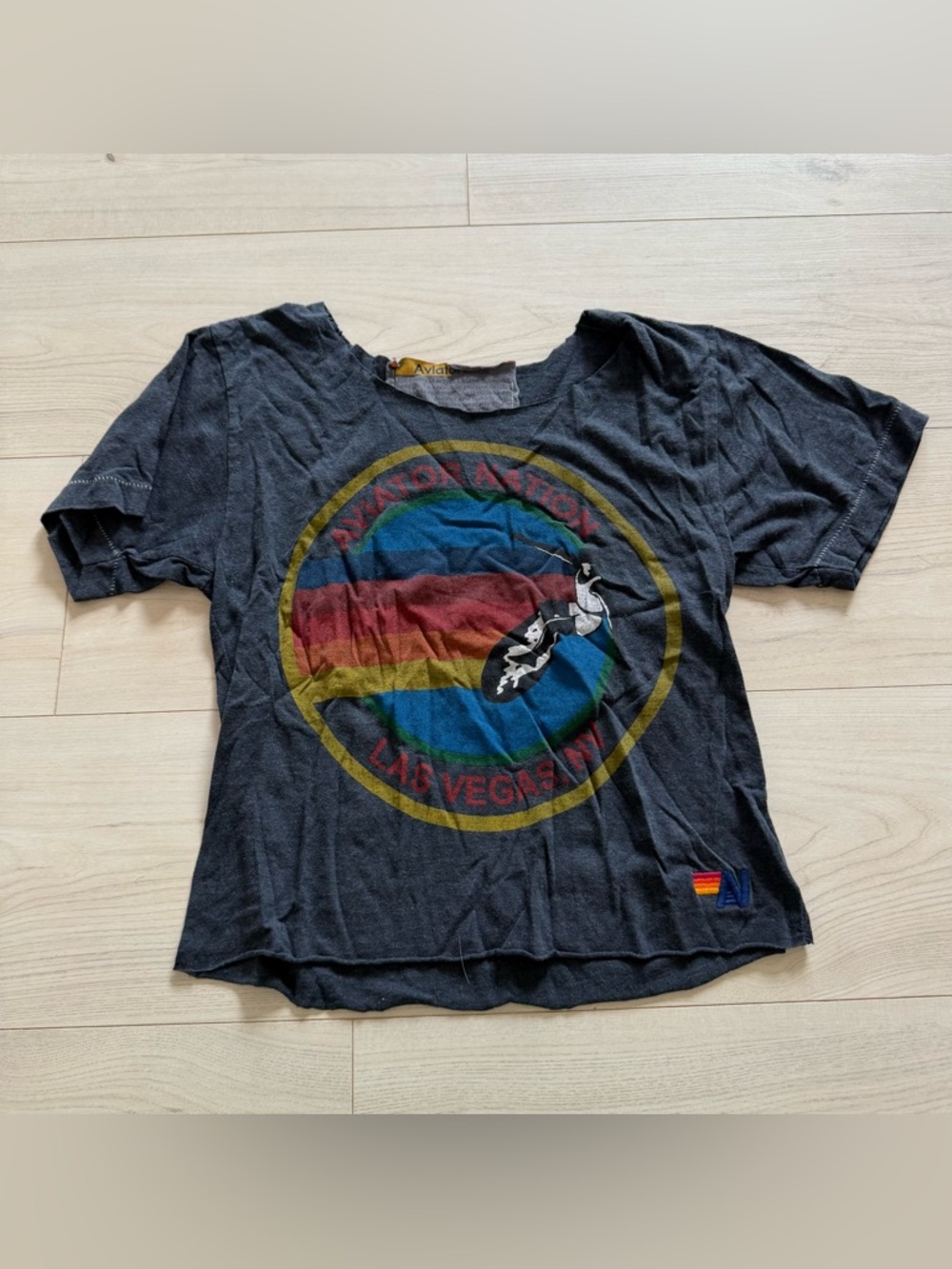 Aviator Nation Black Crop Tee with Retro Multi-Stripe Graphic